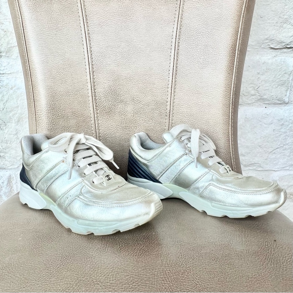 CHANEL Metallic Silver and White Sneakers Euro 38